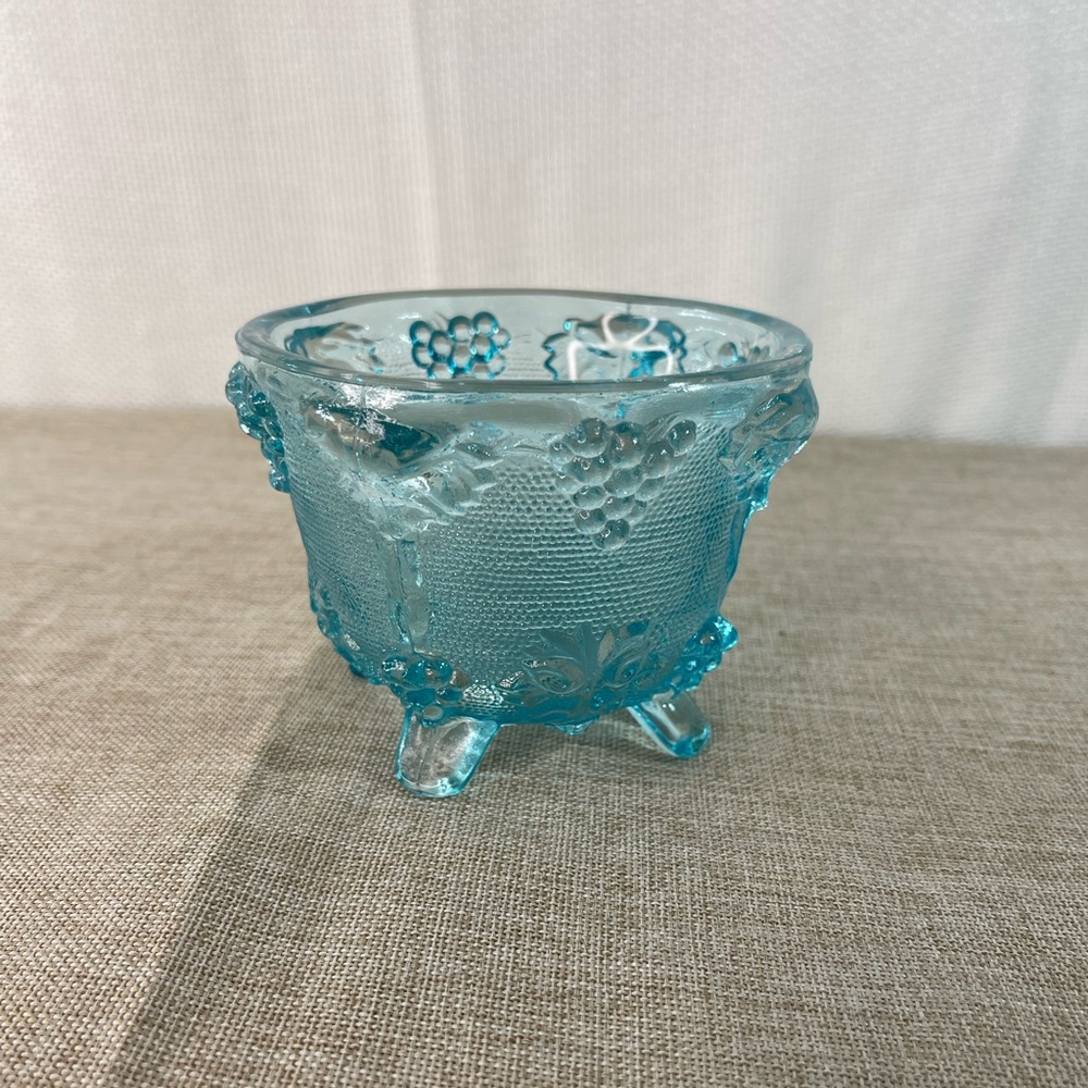 Vintage Blue Glass Footed Dish with Grape and Leaf Design Candy Dish EUC